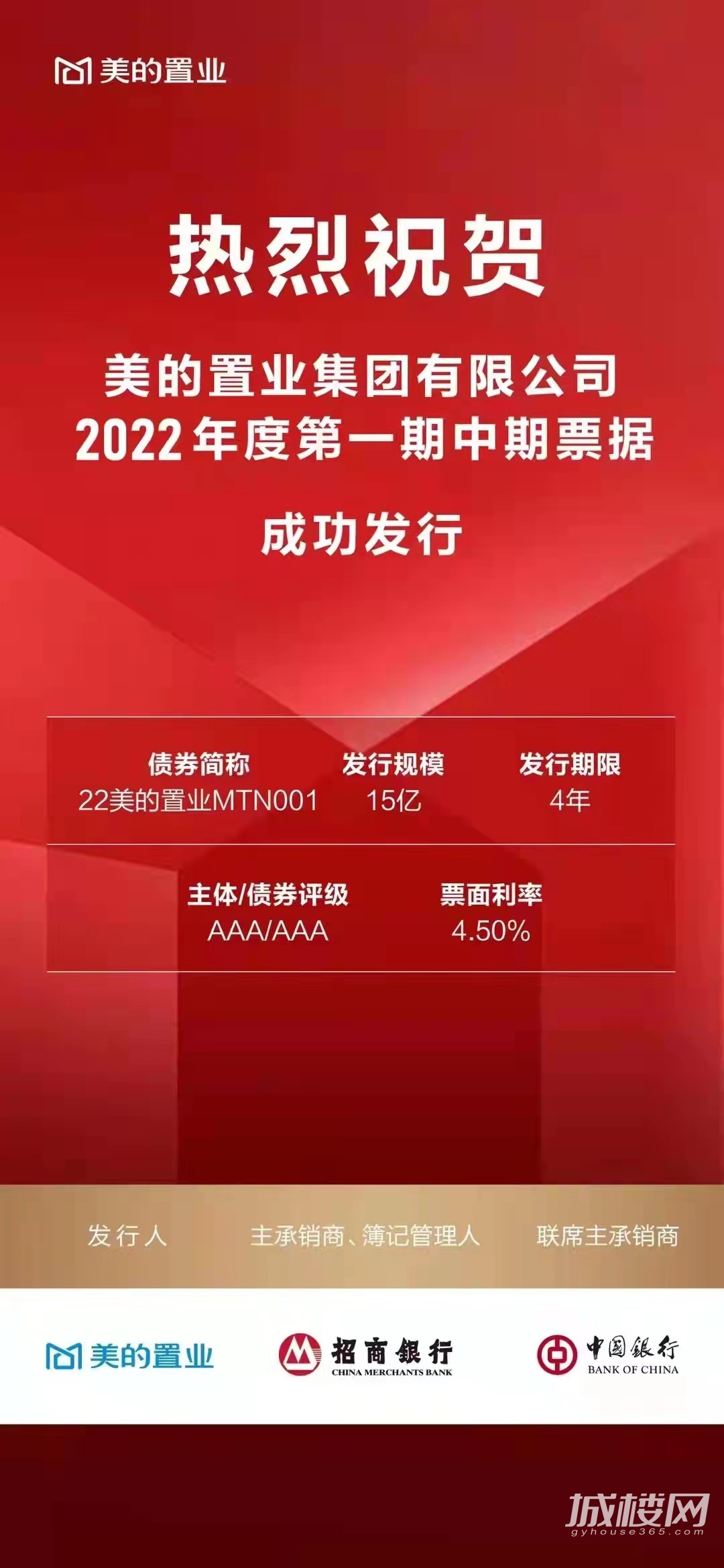 美的置业成功发行15亿票据成2022年首家中票民营房企