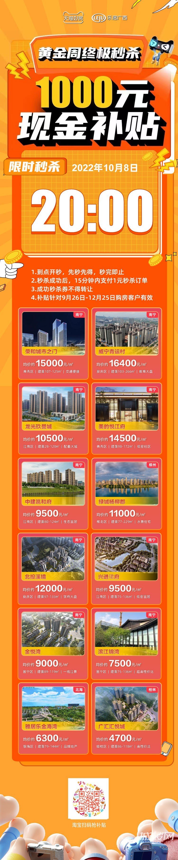 黄金周终极秒杀!广西12盘1000元购房补贴秒杀今晚8点开启